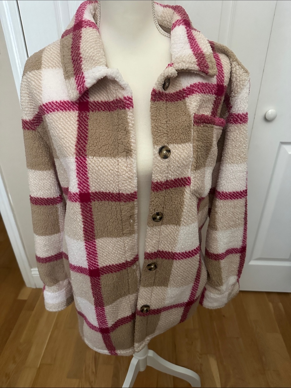 Cozy Plaid Sherpa Shacket in Beige, Cream & Pink